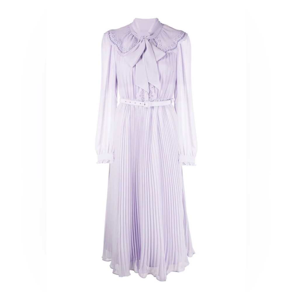 nwt Portrait Lilac Chiffon belted Midi-Dress lace bib collar